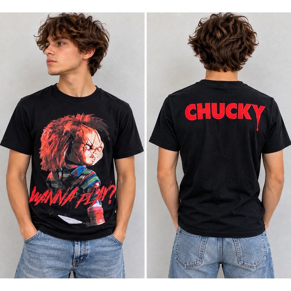 Chucky Child's Play Wanna Play Horror Movie Graphic T-Shirt Black S embroidered